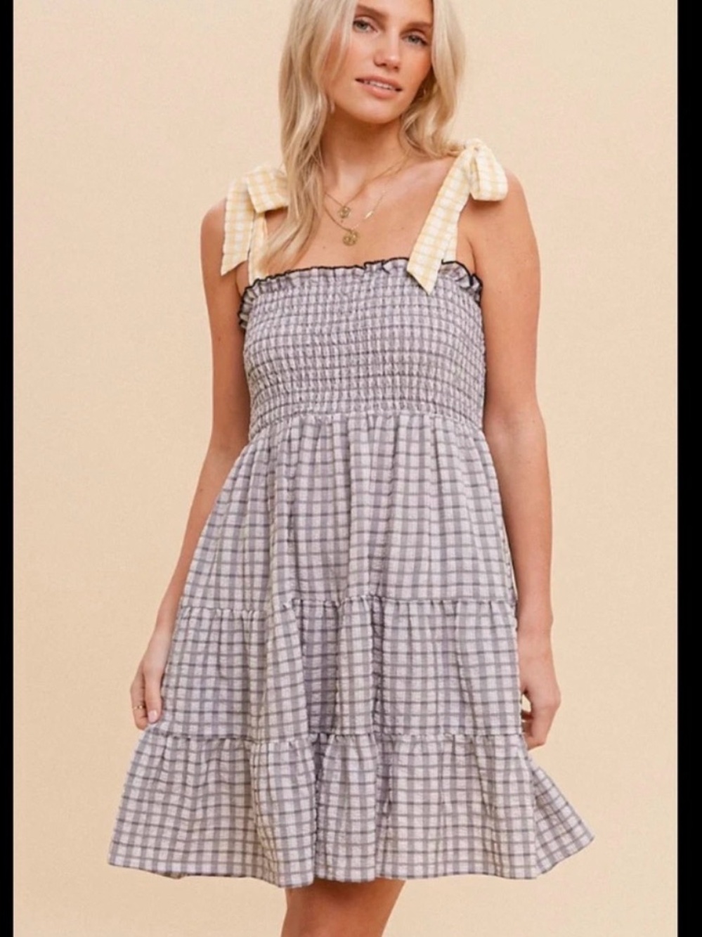 Hem & Thread Black and Yellow Plaid Smocked Mini Dress